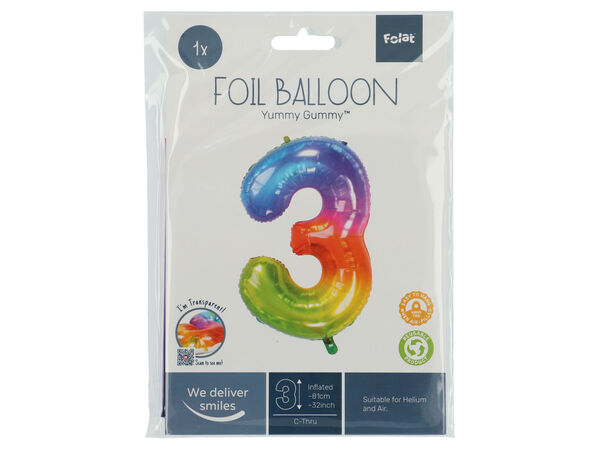 Cijferballon Regenboog Cijfer 3 in verpakking