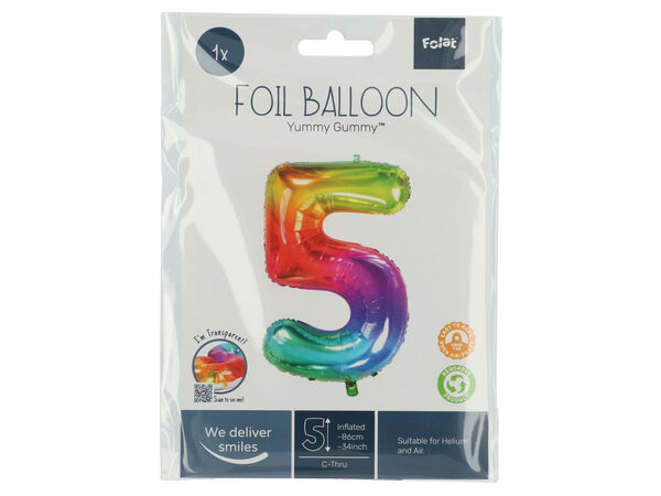 Cijferballon Regenboog Cijfer 5 in verpakking