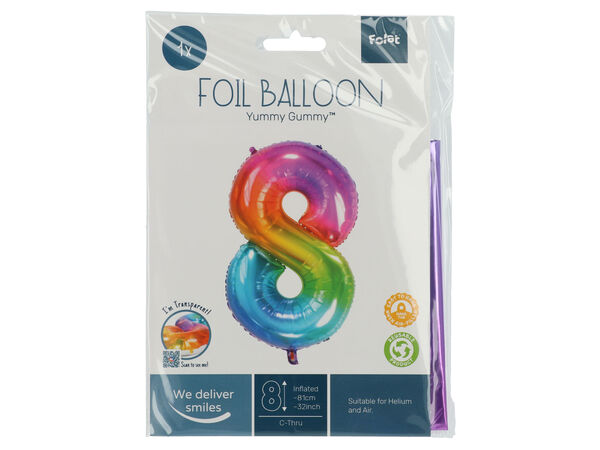 Cijferballon Regenboog Cijfer 8 in verpakking