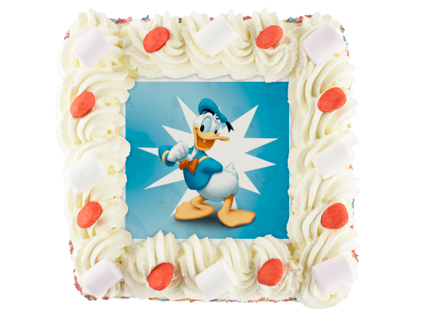 Slagroomtaart met een afbeelding van Donald Duck