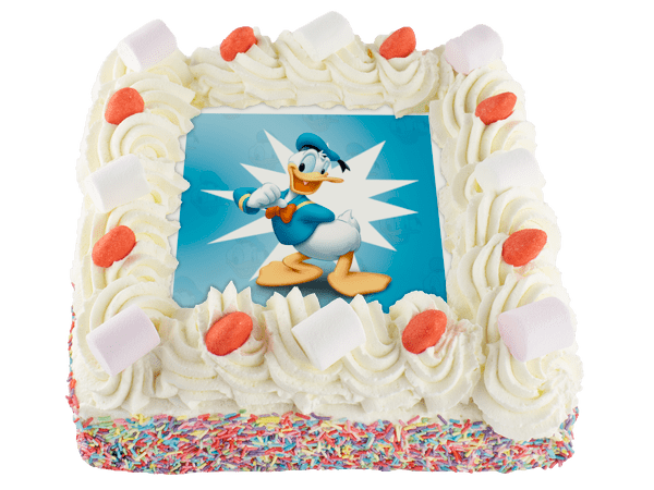Donald Duck slagroomtaart met spekjes en aardbeien snoepjes