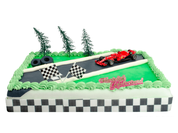 Formule 1 Ferrari taart met een speelgoed racewagen
