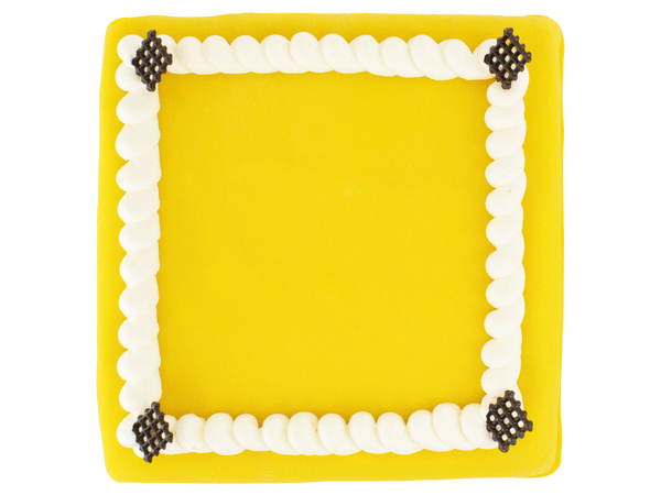 Gele marsepeintaart met logo en chocoraster