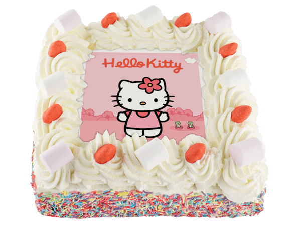 Hello Kitty slagroomtaart met versiering van snoepgoed