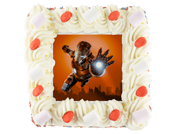 Iron Man slagroomtaart met decoratie van snoepgoed