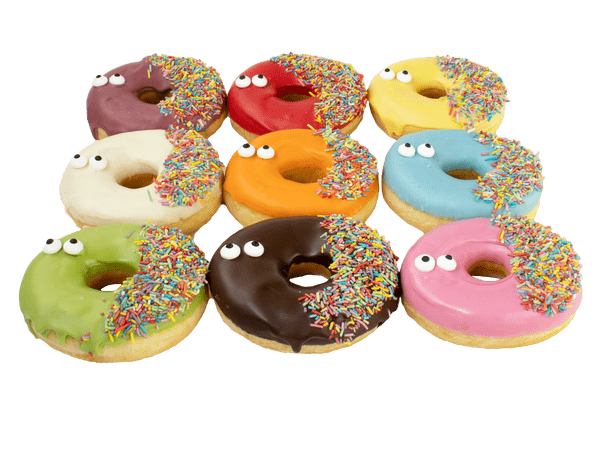 Negen gekleurde donuts