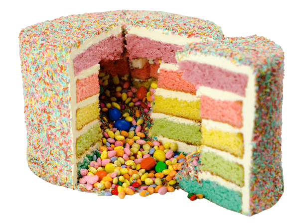 Rainbow Layer Cake gevuld met snoepgoed