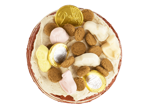 Speculaas Red Velvet Taartje met Sinterklaas snoepgoed