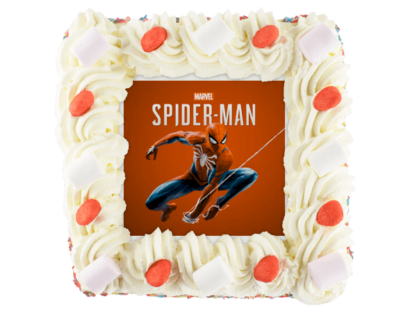 spiderman taart met snoepjes en gekleurde hagelslag